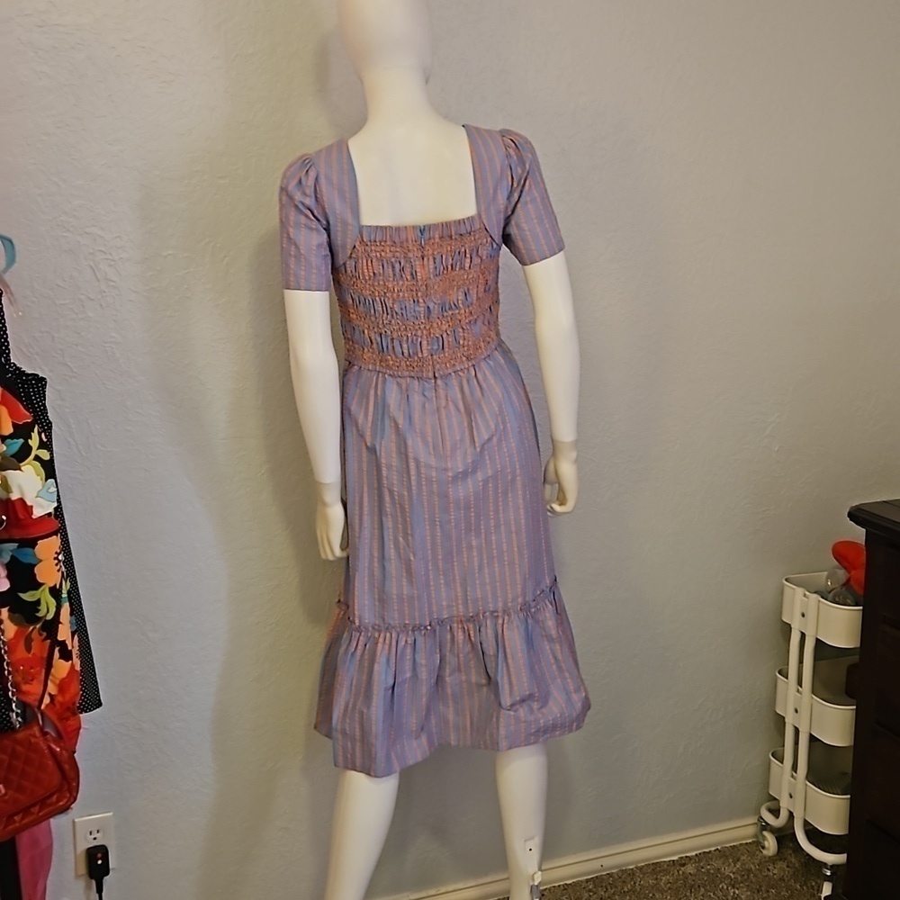 TAHARI Cotton Striped Smocked Ruffle Seersucker Midi Doll Dress - Picture 6 of 11